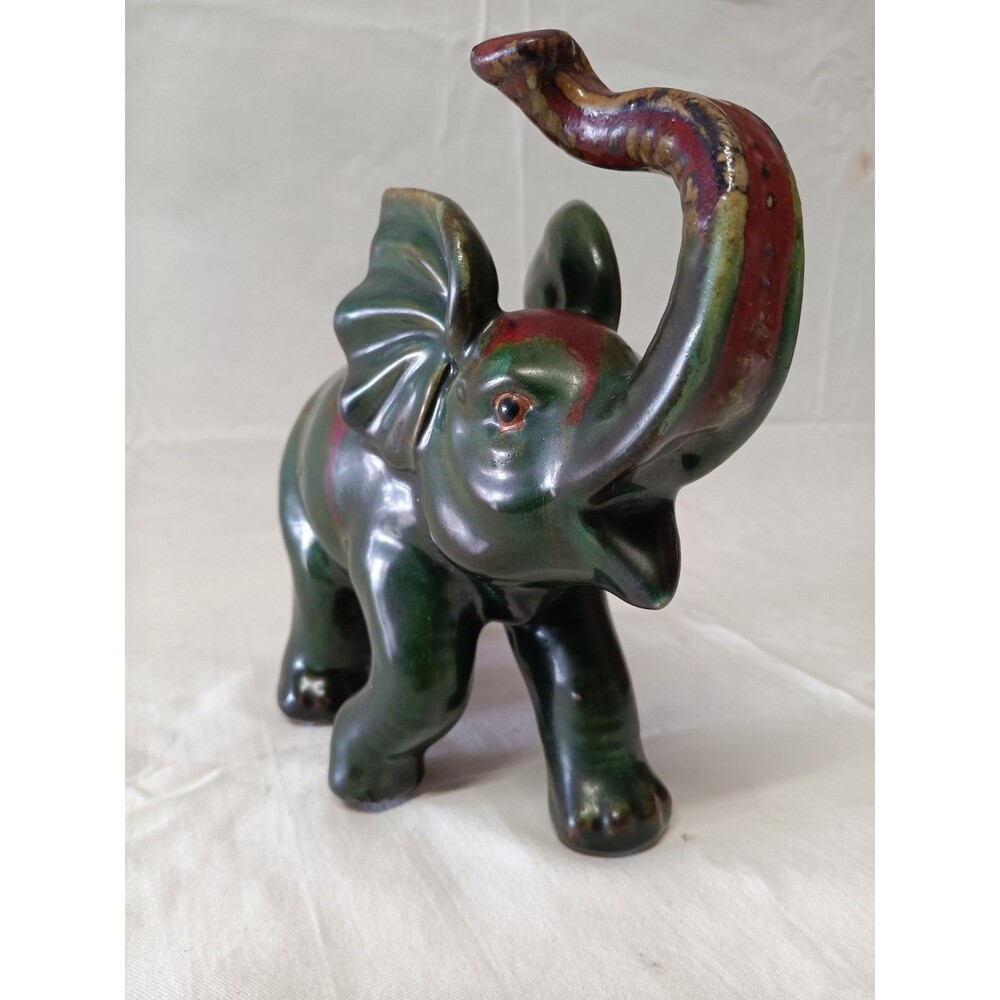 Mid Century Style Handmade Ceramic Elephant Figurine 10" Signed Art Pottery VTG